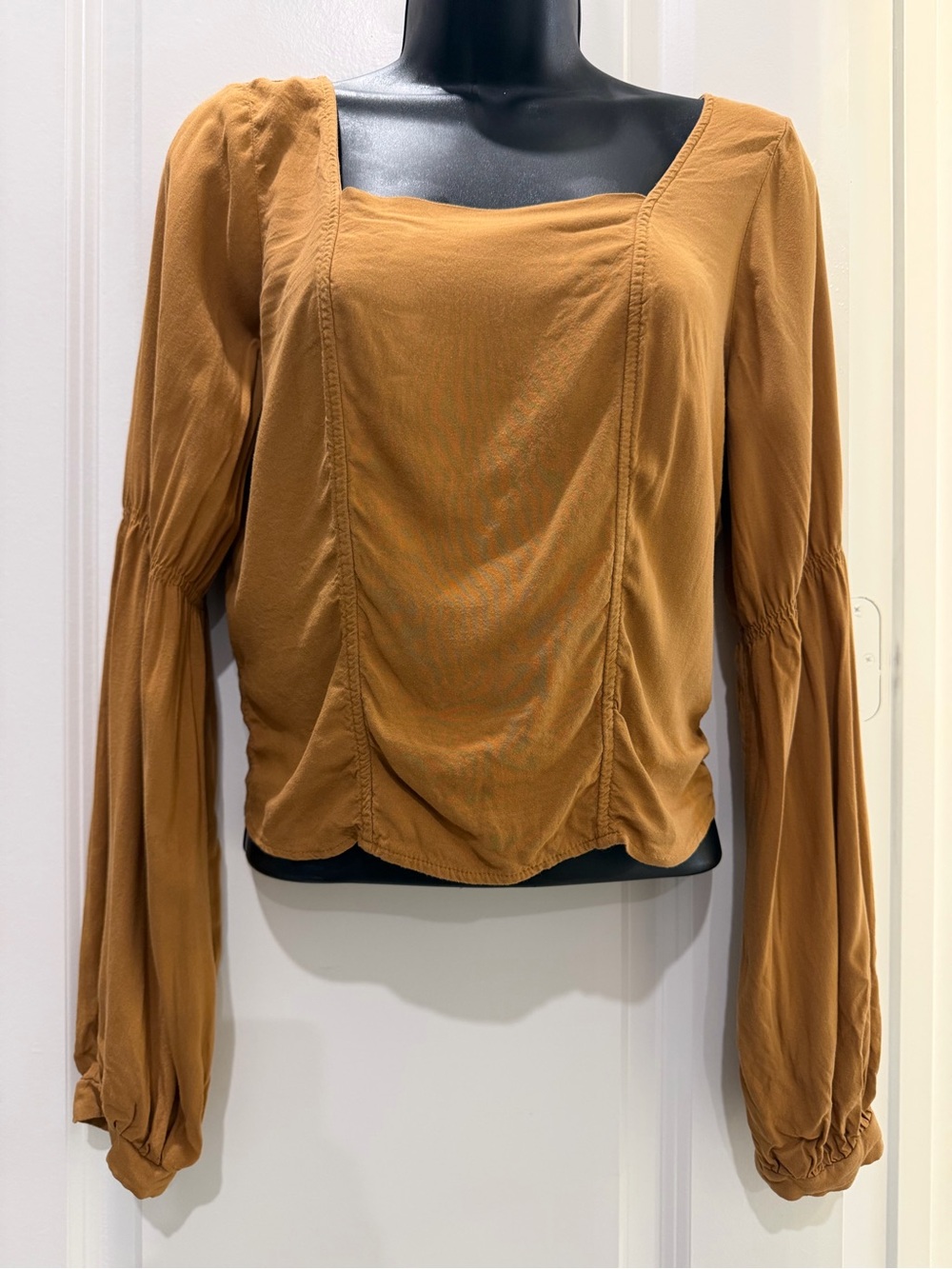 KOAJ Camel Brown Square Neck Smocked Back Bell Sleeve Blouse M